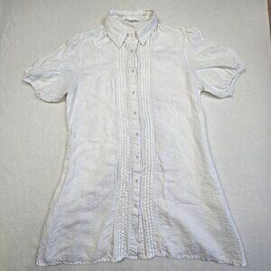Little Lies Medium White 100% Linen Button-Up Tunic Dress Puff Sleeves Boho